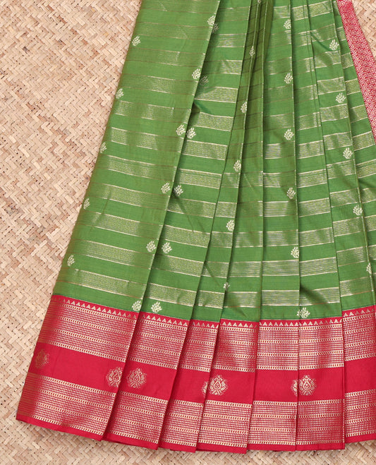 Green Budget Silk Saree, Decked Up with Zari Buttas and Zari Stripes on Its Body, Complemented by a Contrast Traditional Zari Design Border, Grand Jaal Pallu, and Paired with a Contrast Blouse
