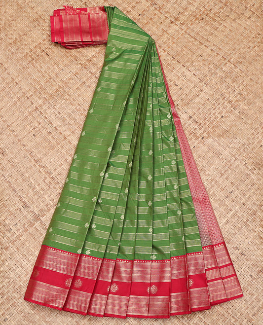 Green Budget Silk Saree, Decked Up with Zari Buttas and Zari Stripes on Its Body, Complemented by a Contrast Traditional Zari Design Border, Grand Jaal Pallu, and Paired with a Contrast Blouse