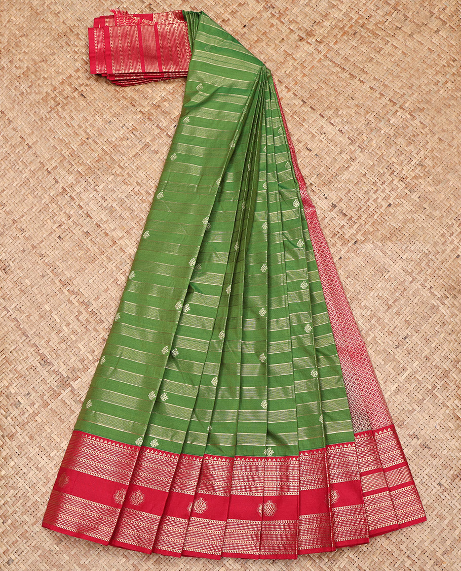 Green Budget Silk Saree, Decked Up with Zari Buttas and Zari Stripes on Its Body, Complemented by a Contrast Traditional Zari Design Border, Grand Jaal Pallu, and Paired with a Contrast Blouse