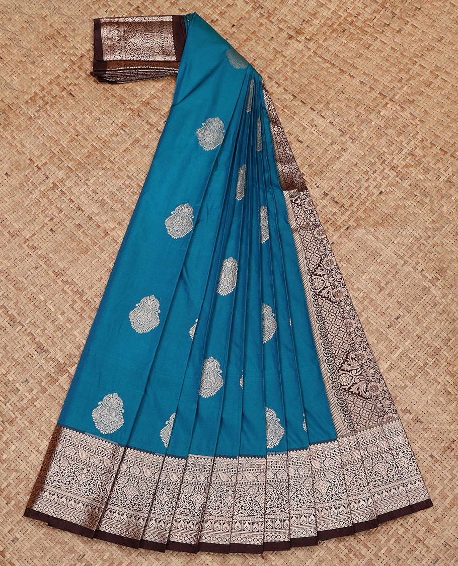 Blue Budget Silk Saree, Gleamed Up with Zari Buttas All Over Its Body, Complemented by a Contrast Traditional Zari Design Border, Intricate Pallu, and Paired with a Contrast Blouse