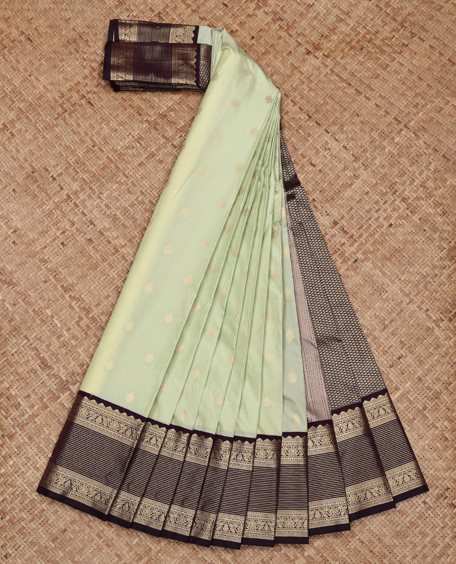 Pista Green Budget Silk Saree, Mesmerized with Zari Buttas on Its Body, Complemented by a Contrast Traditional Zari Design Border, Grand Jaal Pallu, and Paired with a Contrast Blouse