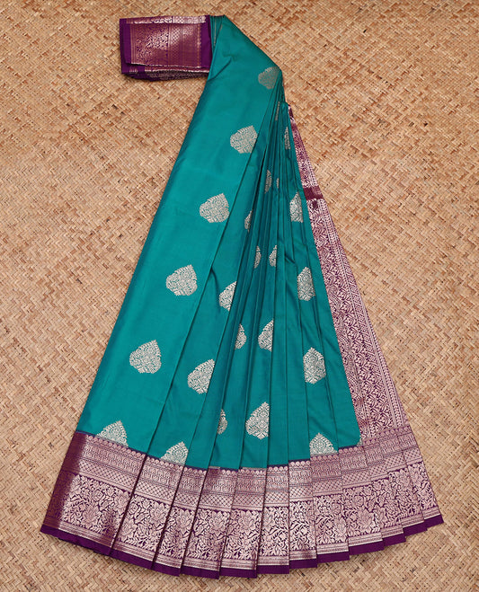 Blue Budget Silk Saree, Spotlighted with Zari Buttas, Complemented by Contrast Traditional Border, Grand Pallu and a Contrast Blouse