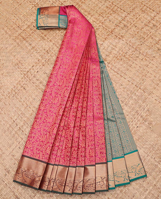 Pink Budget Silk Saree, Ornamented with Jacquard Design, Complemented by a Contrast Traditional Zari Border, Grand Pallu, and a Contrast Blouse