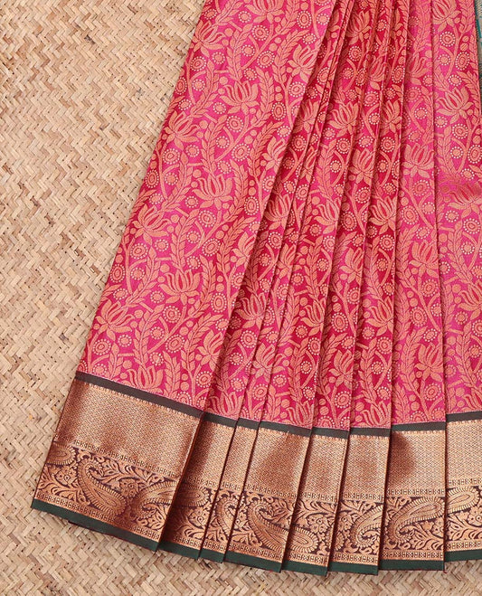 Pink Budget Silk Saree, Ornamented with Jacquard Design, Complemented by a Contrast Traditional Zari Border, Grand Pallu, and a Contrast Blouse
