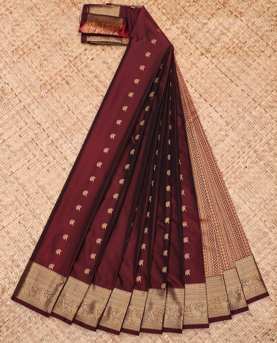 Maroon Budget Silk Saree, Adorned with Zari Buttas, Highlighted by a Traditional Zari Border, Intricate Pallu, and a Matching Blouse