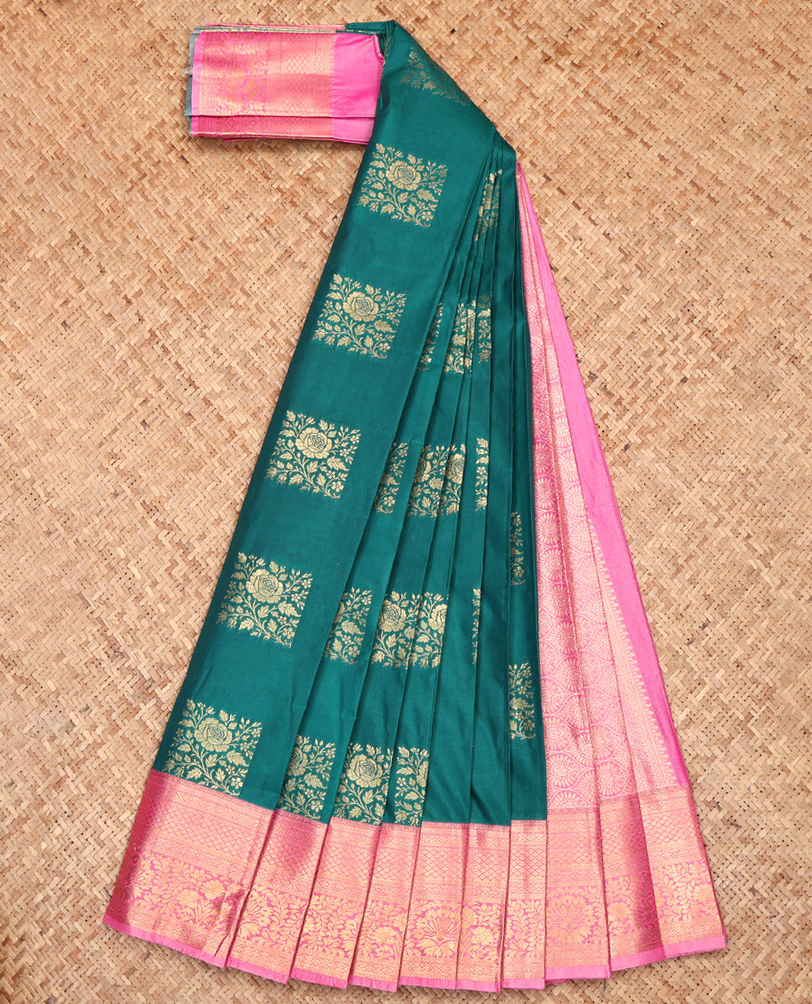 Green Budget Silk Saree, Crafted with Zari Buttas, Complemented by a Contrast Traditional Border, Grand Pallu, and a Contrast Blouse