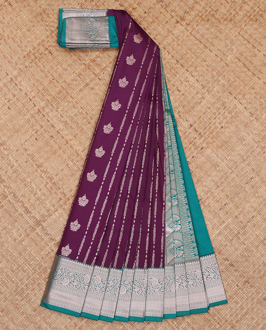 Violet Budget Silk Saree, Embellished with Zari Designs, Complemented by a Contrast Traditional Zari Border, Grand Pallu, and a Contrast Blouse