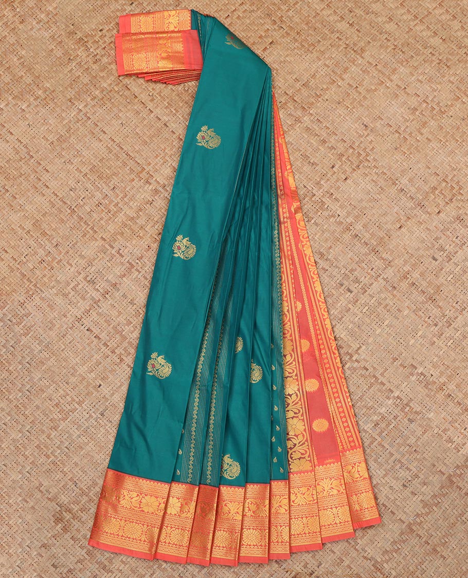 Blue Budget Silk Saree, Detailed with Zari Buttas, a Contrast Traditional  Zari Border, a Grand Pallu and a Contrast Blouse