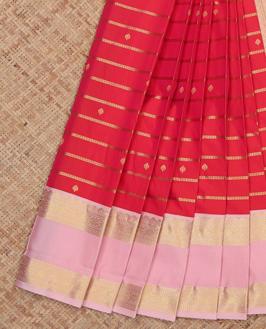 Red Budget Silk Saree, Adorned with Zari Buttas and Stripes, Complemented by a Contrast Traditional Rettai Pettu Border, Grand Pallu, and Contrast Blouse