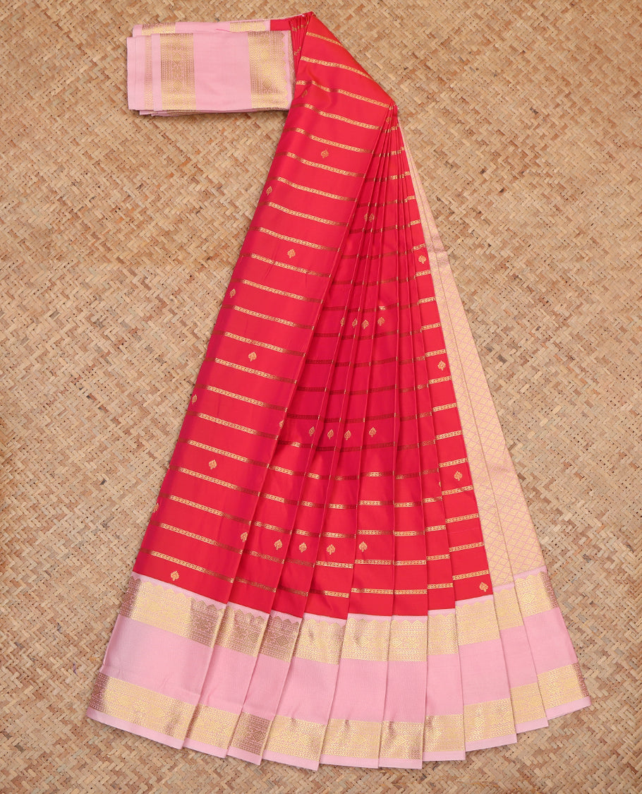 Red Budget Silk Saree, Adorned with Zari Buttas and Stripes, Complemented by a Contrast Traditional Rettai Pettu Border, Grand Pallu, and Contrast Blouse