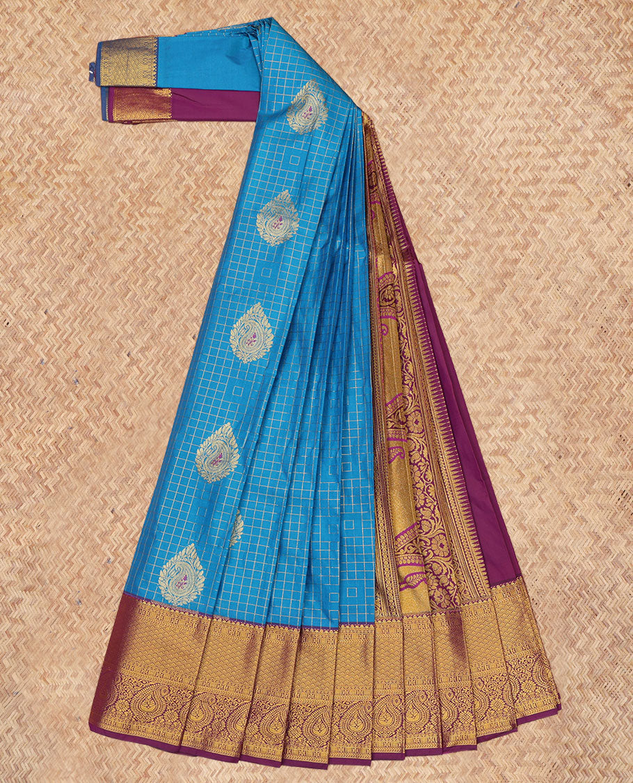 Blue Budget Silk Saree, Ornamented with Zari Buttas and Checks, a Contrast Traditional Zari Border, Grand Pallu, and a Contrast Blouse