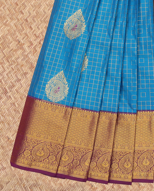 Blue Budget Silk Saree, Ornamented with Zari Buttas and Checks, a Contrast Traditional Zari Border, Grand Pallu, and a Contrast Blouse