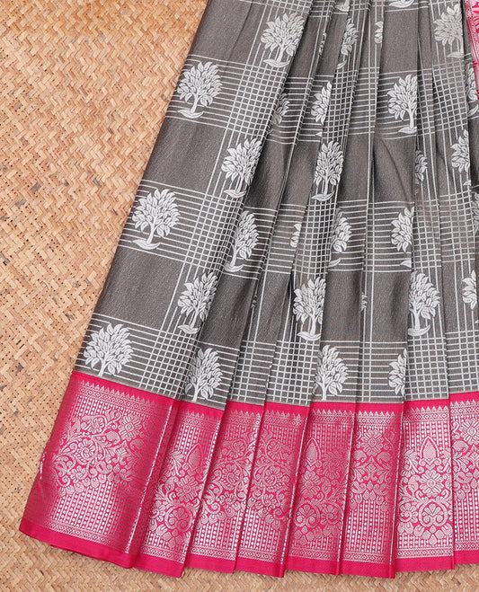 Grey Budget Silk Saree, Subtly Sparkled with Zari Butta Enclosed Checked Design On Its Body, Complemented by Contrast Zari Design Border, Grand Pallu and Paired with a Contrast Blouse