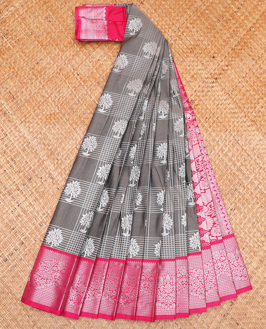 Grey Budget Silk Saree, Subtly Sparkled with Zari Butta Enclosed Checked Design On Its Body, Complemented by Contrast Zari Design Border, Grand Pallu and Paired with a Contrast Blouse