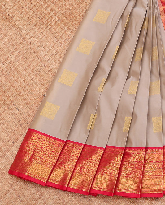 Grey Budget Silk Saree, Embellished with Zari Buttas, Complemented by a Contrast Traditional Zari Border, Grand Pallu, and a Contrast Blouse