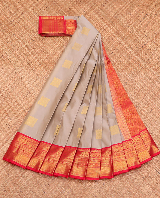 Grey Budget Silk Saree, Embellished with Zari Buttas, Complemented by a Contrast Traditional Zari Border, Grand Pallu, and a Contrast Blouse