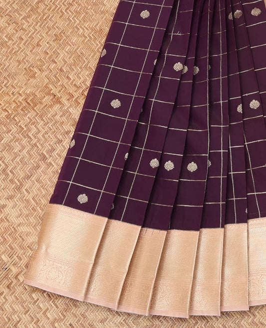 Dark Purple Budget Silk Saree, Enthralled with Zari Buttas Enclosed Checks, Complemented by Contrast Traditional Zari Border, a Grand Pallu and a Contrast Blouse