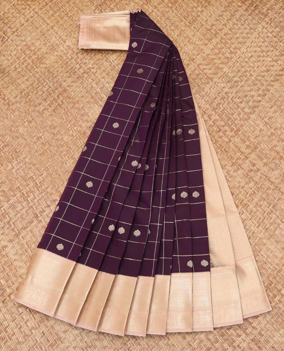Dark Purple Budget Silk Saree, Enthralled with Zari Buttas Enclosed Checks, Complemented by Contrast Traditional Zari Border, a Grand Pallu and a Contrast Blouse