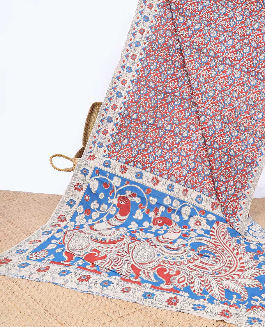 Red floral vine machine-printed kalamkari cotton saree, contrast floral & geometric border & peacock pallu
