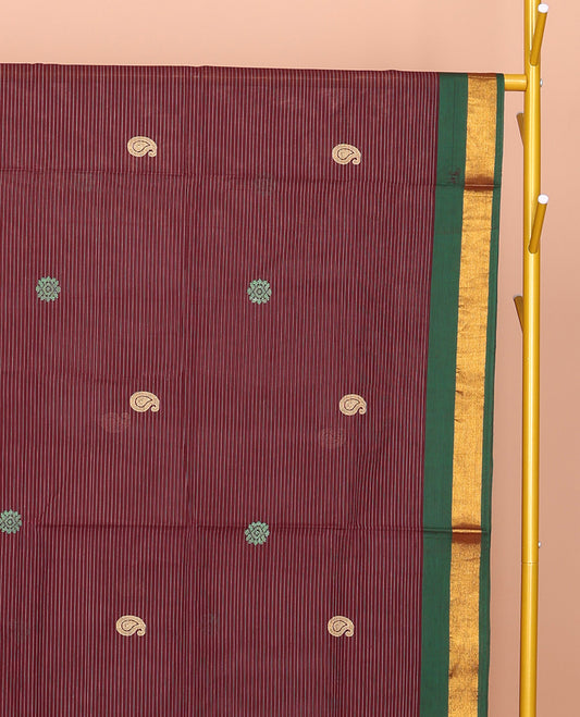 Maroon Venkatagiri Cotton Saree Features Buttas and Stripes, a Contrast Traditional Zari Border, Pallu of Buttas and Stripes, and No Blouse