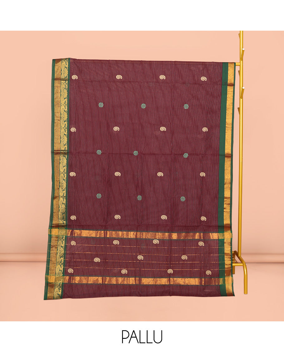 Maroon Venkatagiri Cotton Saree Features Buttas and Stripes, a Contrast Traditional Zari Border, Pallu of Buttas and Stripes, and No Blouse