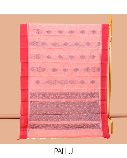 Pink Kanchi Cotton Saree, Woven with Buttas, Complemented by a Contrast Border, Pallu of Jaal Design, and a Matching Blouse