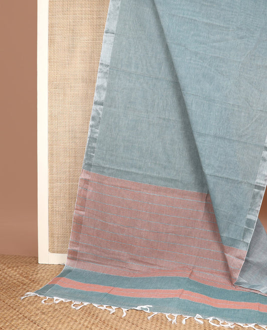 Green color plain jute cotton saree, zari border & pallu of orange stripes