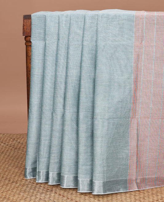 Green color plain jute cotton saree, zari border & pallu of orange stripes