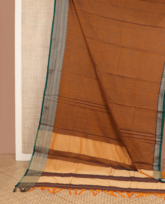 Mustard plain design Narayanpet cotton saree, contrast traditional kanchi motifs, thread-woven border & striped pallu