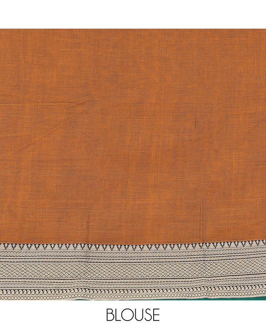 Mustard plain design Narayanpet cotton saree, contrast traditional kanchi motifs, thread-woven border & striped pallu