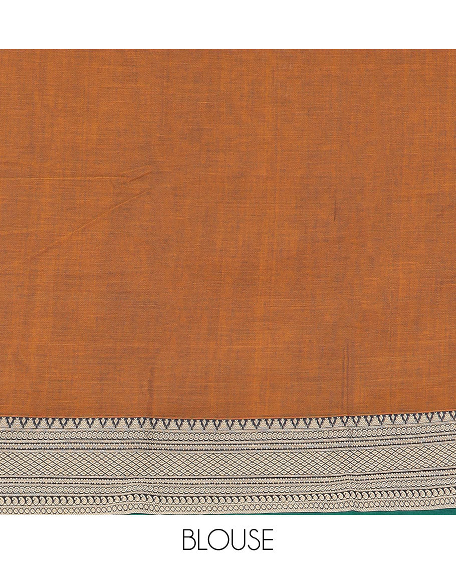 Mustard plain design Narayanpet cotton saree, contrast traditional kanchi motifs, thread-woven border & striped pallu