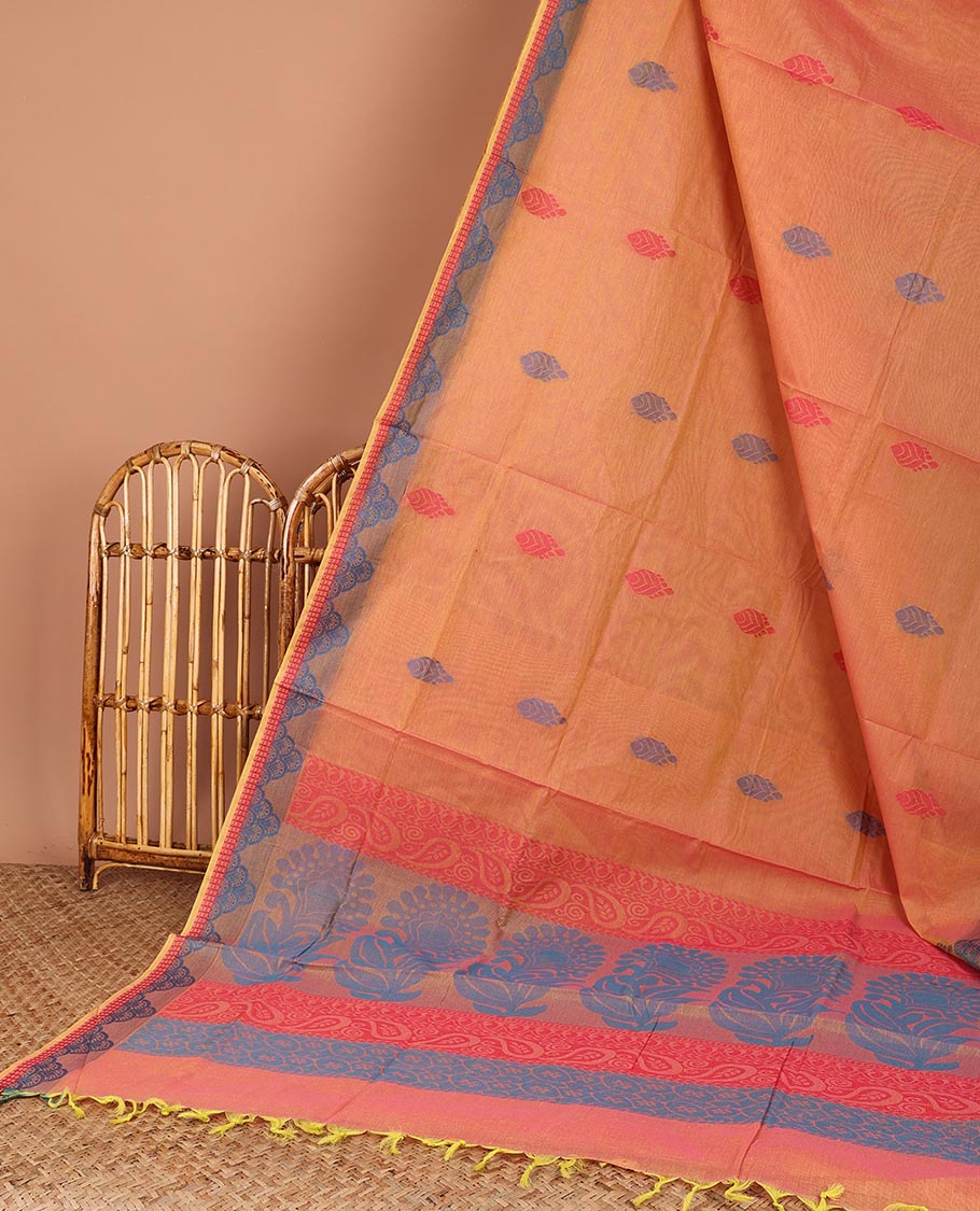 Orange buttas Coimbatore cotton saree, unique design border & floral & paisley pallu