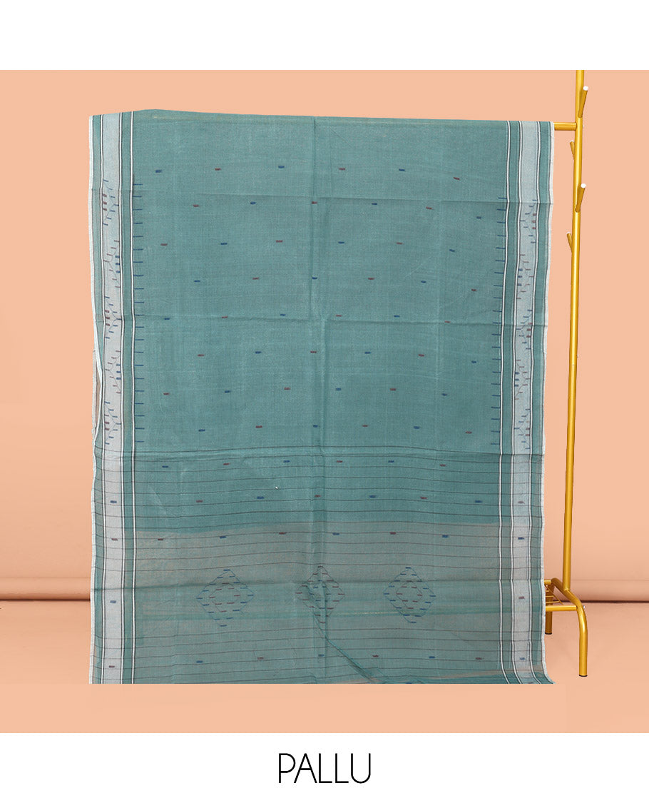 Blue Bengal Cotton Saree, Featuring Thread Buttas, a Subtle Border, Pallu of Stripes and Buttas, and a Matching Blouse