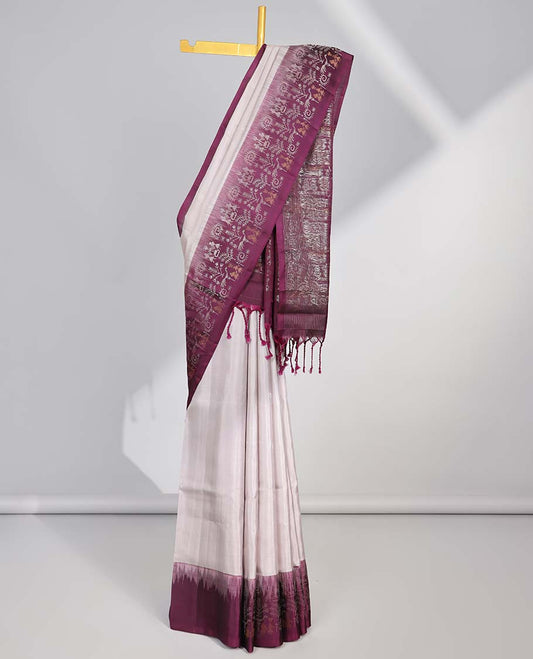Grey soft silk saree with contrast floral zari border & floral jacquard design pallu