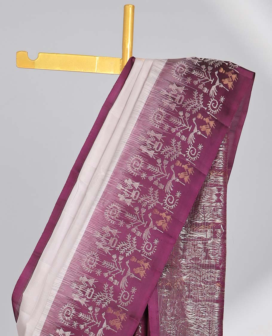 Grey soft silk saree with contrast floral zari border & floral jacquard design pallu