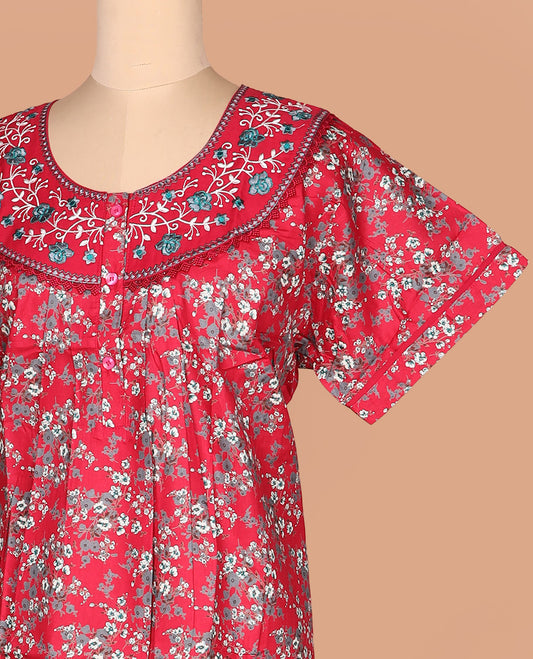 Red floral vine printed with neck floral embroidered half-sleeve round neck cotton nighty
