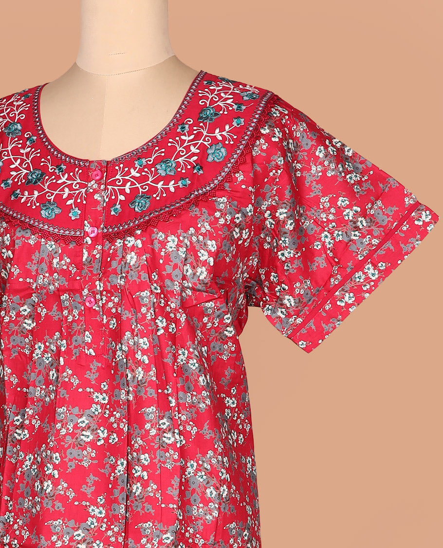 Red floral vine printed with neck floral embroidered half-sleeve round neck cotton nighty