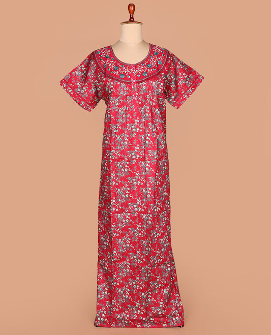 Red floral vine printed with neck floral embroidered half-sleeve round neck cotton nighty