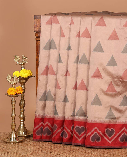 Beige pochampally triangle motifs mulberry silksaree,contrast pochampally design satin thread weave border & zari-rich intricate pallu