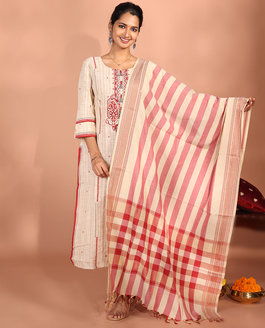 Light Sandal-Red Cotton Readymade Suit