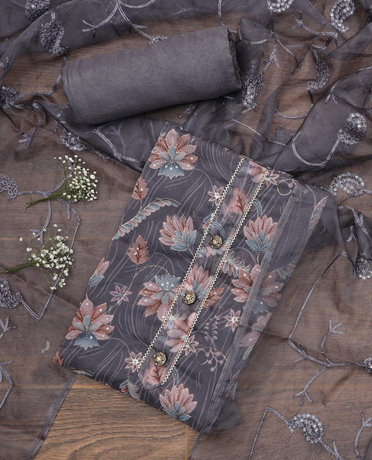 Cement grey material chudidar set, floral printed, outline thread embroidered with sequins work top, plain bottom and paisley vine sequins embroidered dupatta