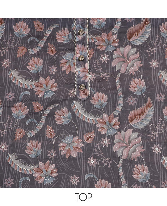 Cement grey material chudidar set, floral printed, outline thread embroidered with sequins work top, plain bottom and paisley vine sequins embroidered dupatta