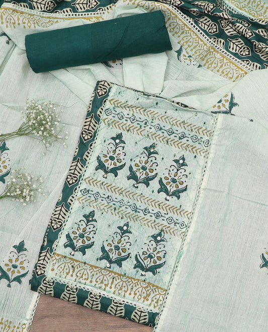 Green material chudidar set, block printed motifs with patch embroidered top, plain bottom and block printed dupatta
