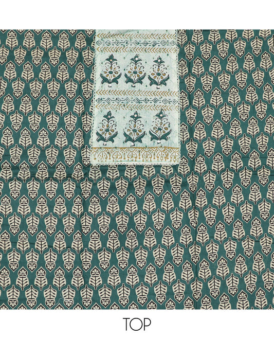 Green material chudidar set, block printed motifs with patch embroidered top, plain bottom and block printed dupatta