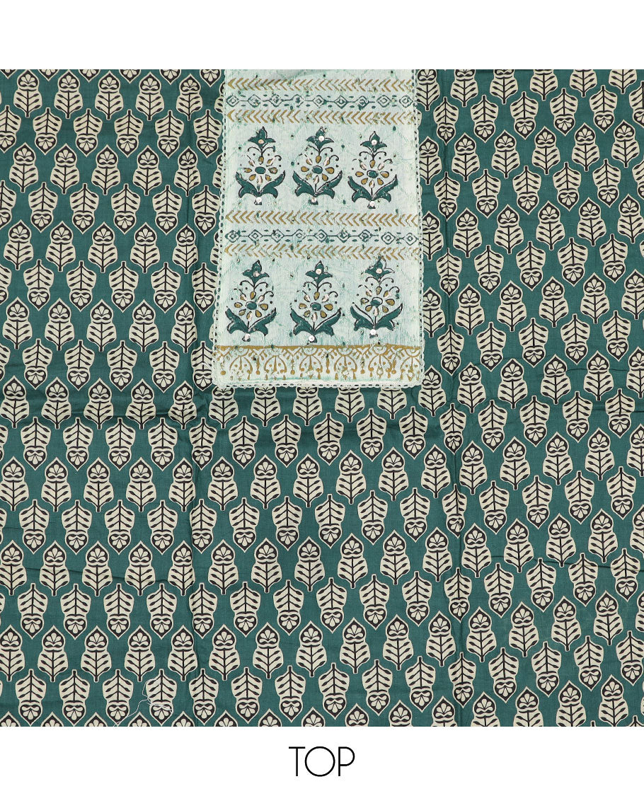 Green material chudidar set, block printed motifs with patch embroidered top, plain bottom and block printed dupatta