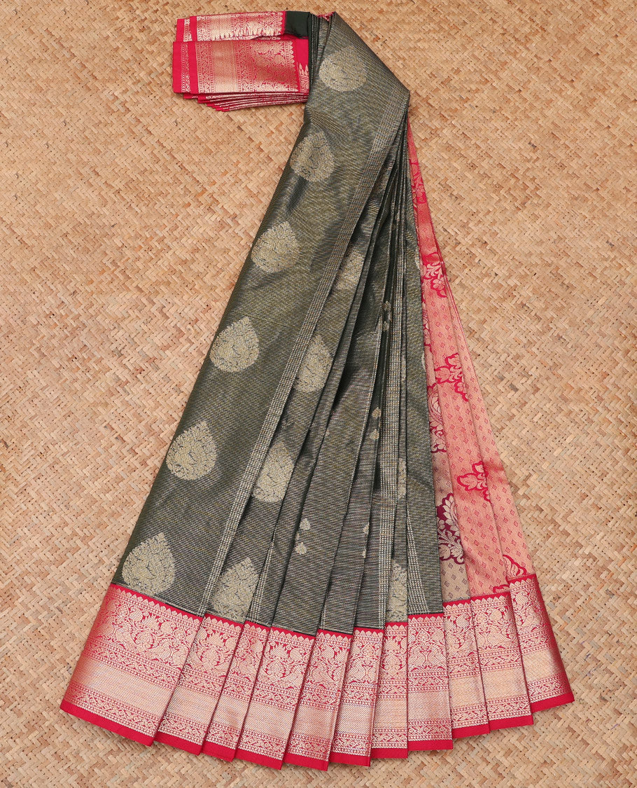 Green Budget Silk Saree, Gleamed Up with Zari Buttas and Stripes, a Contrast Traditional Zari Border, Grand Pallu, and a Contrast Blouse