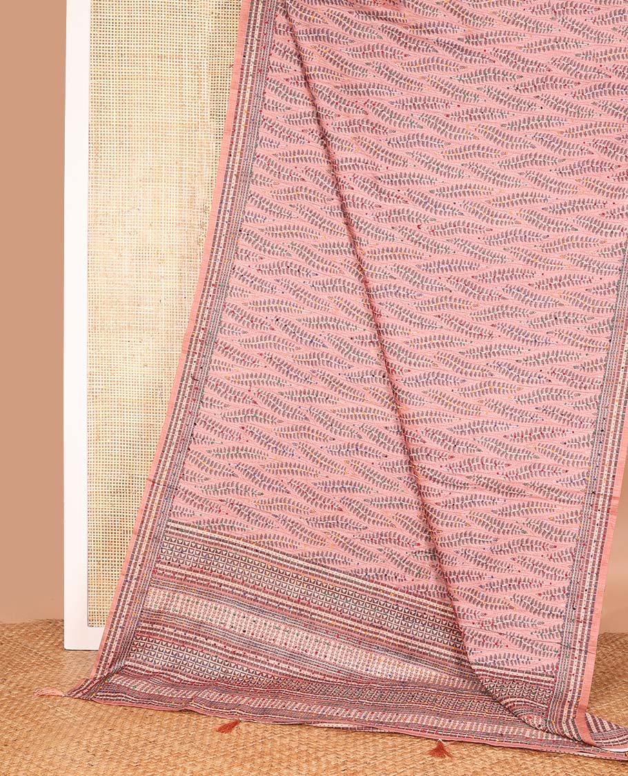 Peach leaf motifs printed and colorful French knot embroidered chanderi cotton saree, self-border and pallu of geometric print with French knots