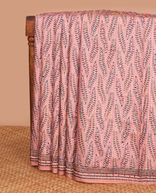 Peach leaf motifs printed and colorful French knot embroidered chanderi cotton saree, self-border and pallu of geometric print with French knots