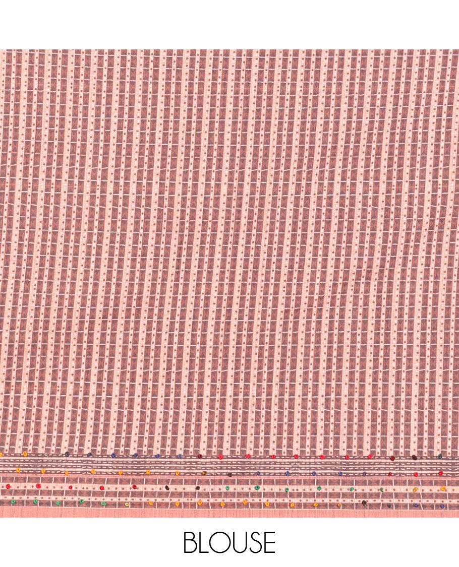 Peach leaf motifs printed and colorful French knot embroidered chanderi cotton saree, self-border and pallu of geometric print with French knots