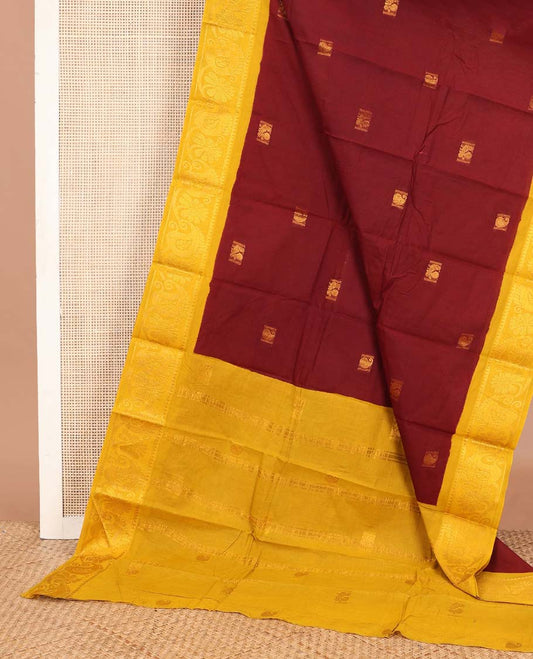 Maroon peacock zari buttas Sungudi cotton saree, contrast floral-paisley zari border & zari design pallu